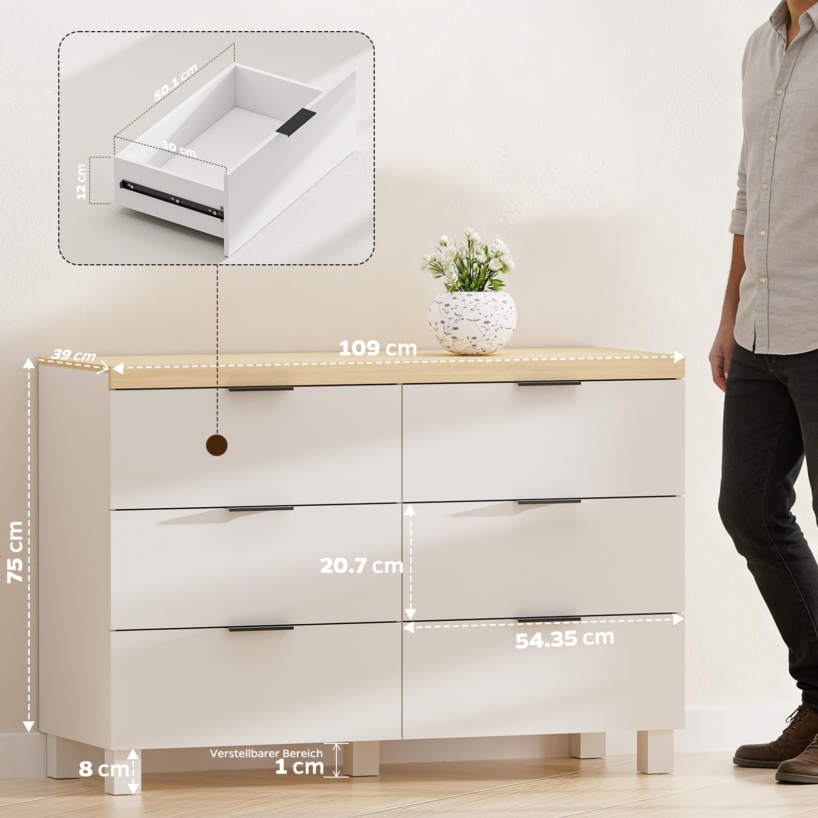 Comoda Dormitorio 6 Cajones, Cajonera Dormitorio,109×75×39 cm, Sinfonier Blanca, Gavetero Dormitorio, Mueble de Almacenamiento para Adulto (Blanca)