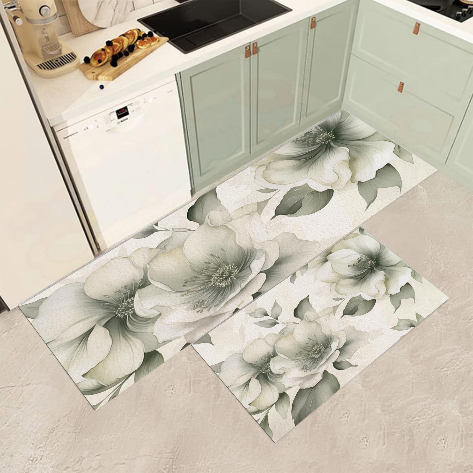 Alfombrillas de cocina lavables y antideslizantes de flores para suelo de lavadero
