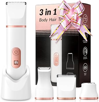 Lady Shavers for Women - 3-in-1 LED Display Bikini Trimmer & Facial Hair Remover, IPX7 Waterproof Electric Razor for Body, Legs, Underarms & Pubic Hair, Painless, Wet/Dry Use with USB Charge Dock