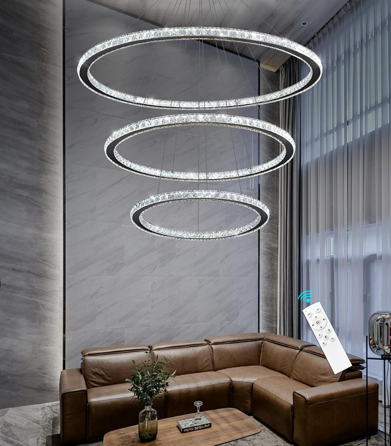 Modern Crystal Chandelier Dimmable LED Ceiling Light Fixture Luxury 3 Ring Stainless Steel Pendant Light for Living Room Dining Room Foyer Black