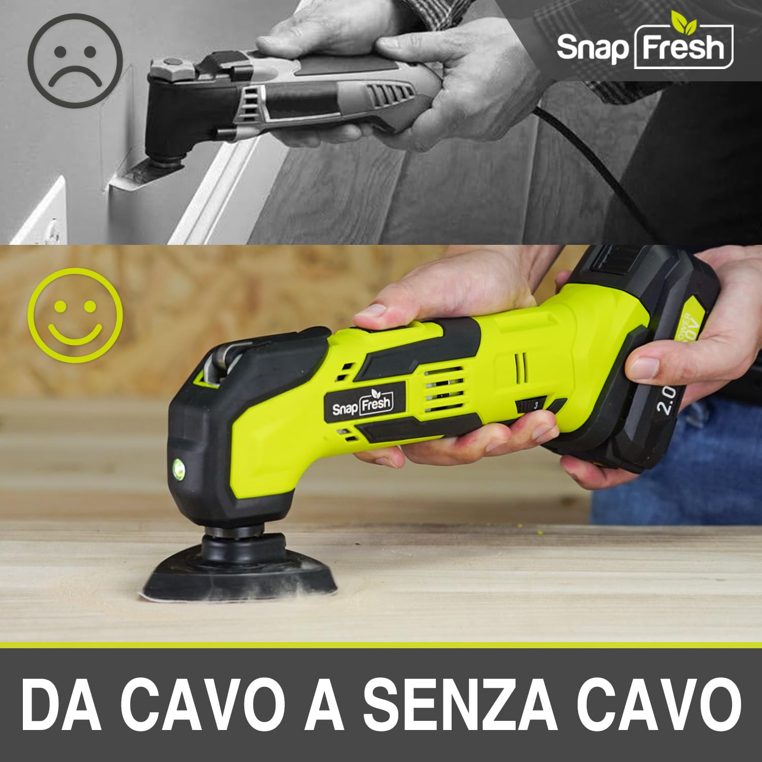 SnapFresh Utensile multifunzione a batteria Strumento oscillante kit senza fili 20V 6 velocità 5000-18000 OPM, angolo di oscillazione di 3,2 °, 22 accessori multitool multi-cutter sega oscillante