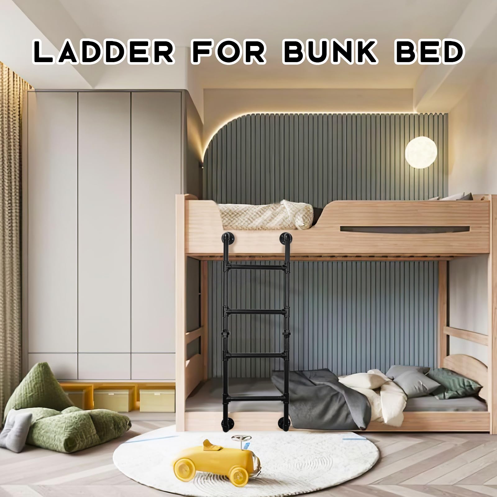 5-Sprossen Wandleiter aus schwarzem Metall, 165 cm/5.4FT, bis 150 kg belastbar, Robuste und platzsparende Ausstiegsleiter für Etagenbett, Loft, Dachboden, und Kellerfensterschacht