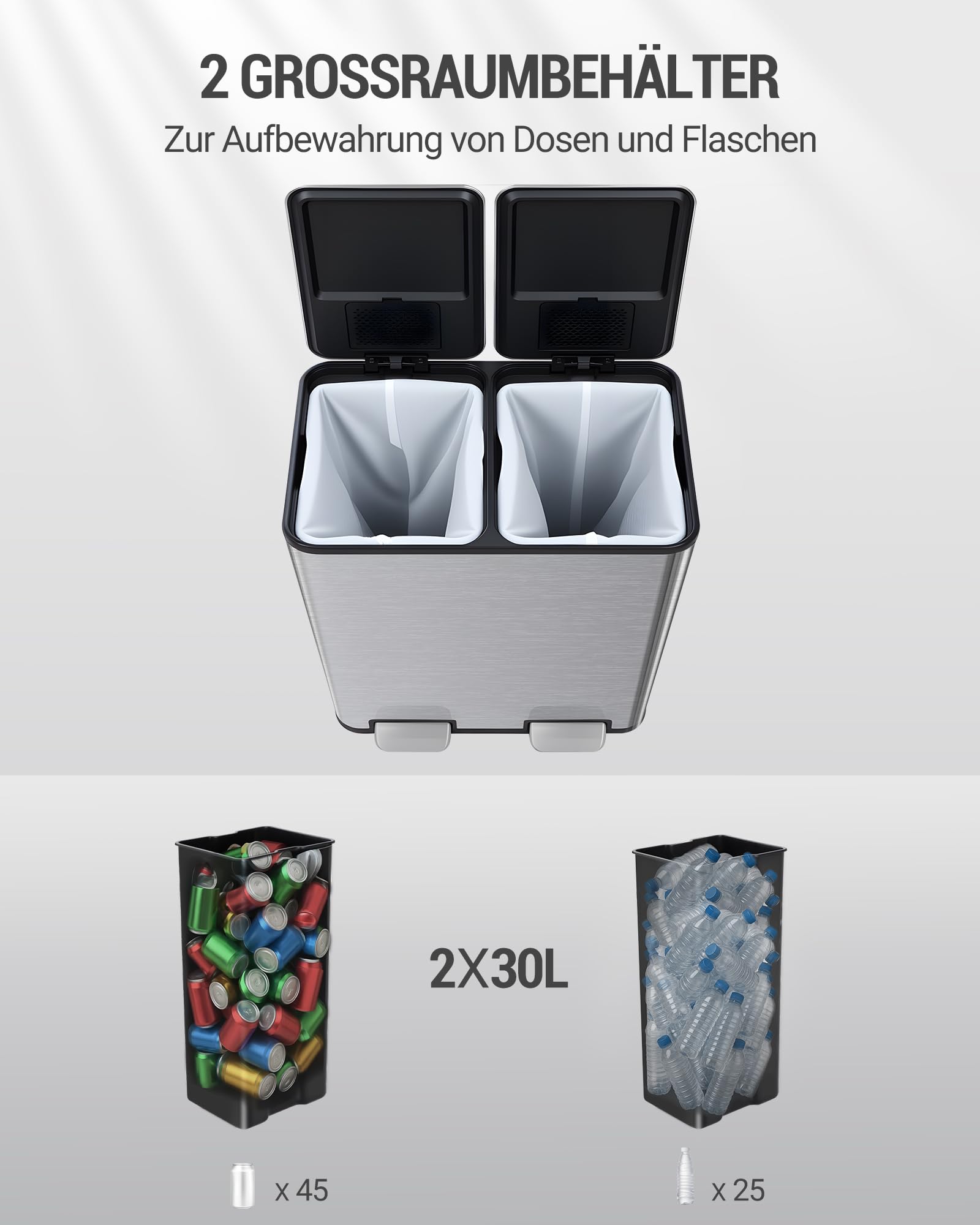 Hzuaneri Mülleimer Küche, 2 x 30 L, Mülltrennsystem 2 Fächer 60 L, Edelstahl-küchenmülleimer, Tretmülleimer, Abfalleimer Ruhiger Langsamer Abstieg, mit 15 Exklusiven Abfallbeuteln, Silber SW06099E