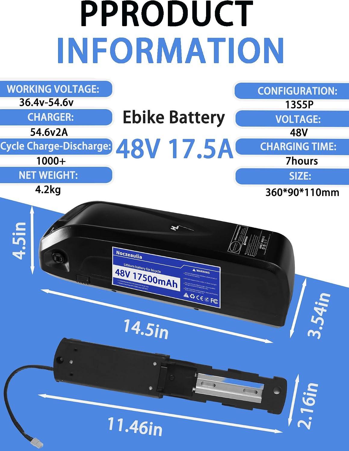 48V 17.5Ah Ebike Battery 1 Pack, 48 Volt Lithium Battery with 2A Fast Charger and USB Port, External Electric Bike Battery Pack for 500~1000W Motor