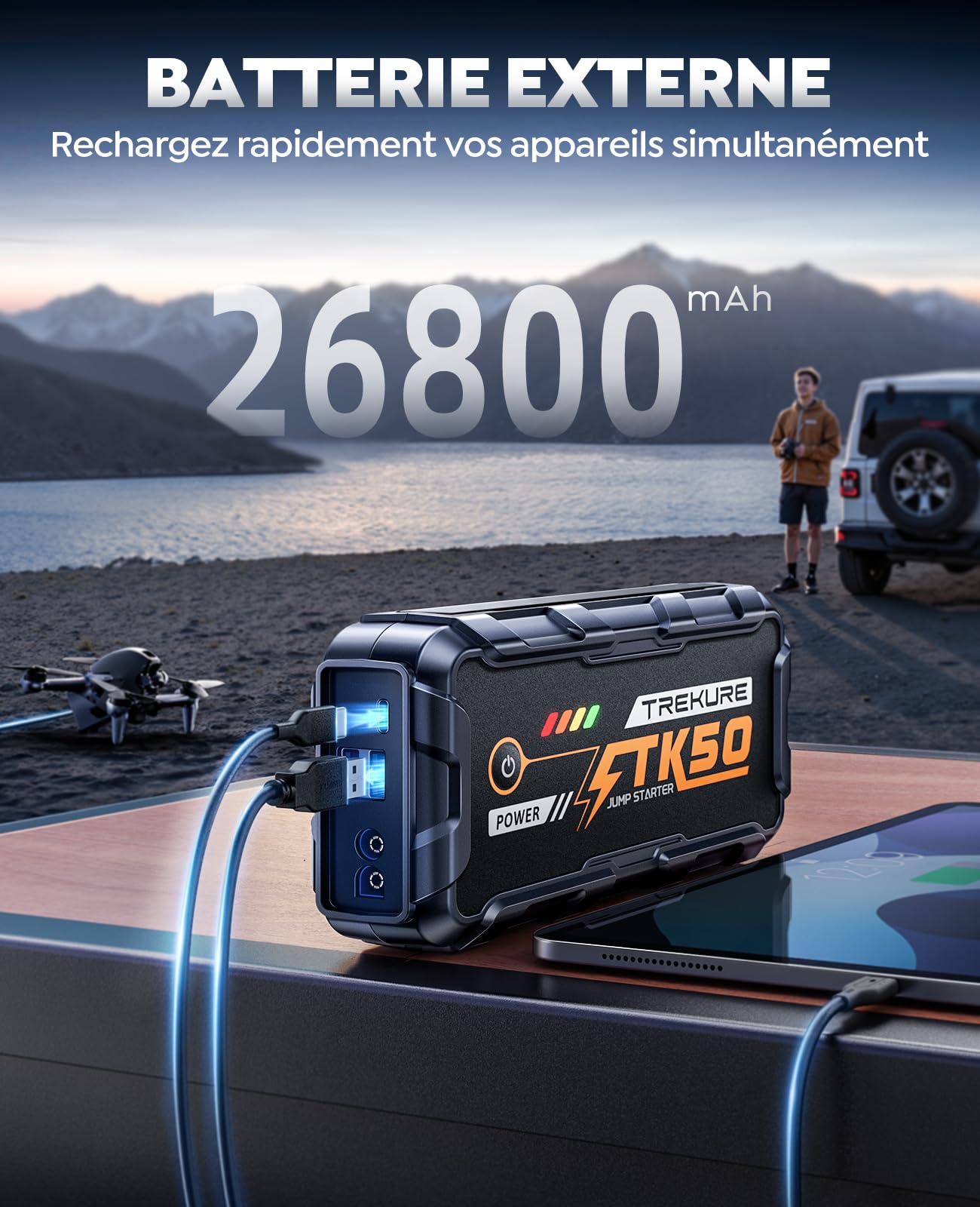 Booster Batterie Voiture 9000A 26800mAh, Démarreur Batterie Voiture(Tout Gaz ou 12L Diesel), 12V Booster Voiture Portatif avec 800 Lumens LED, 18W USB Charge Rapide, Étendu 8 Wag Câble, Poignée