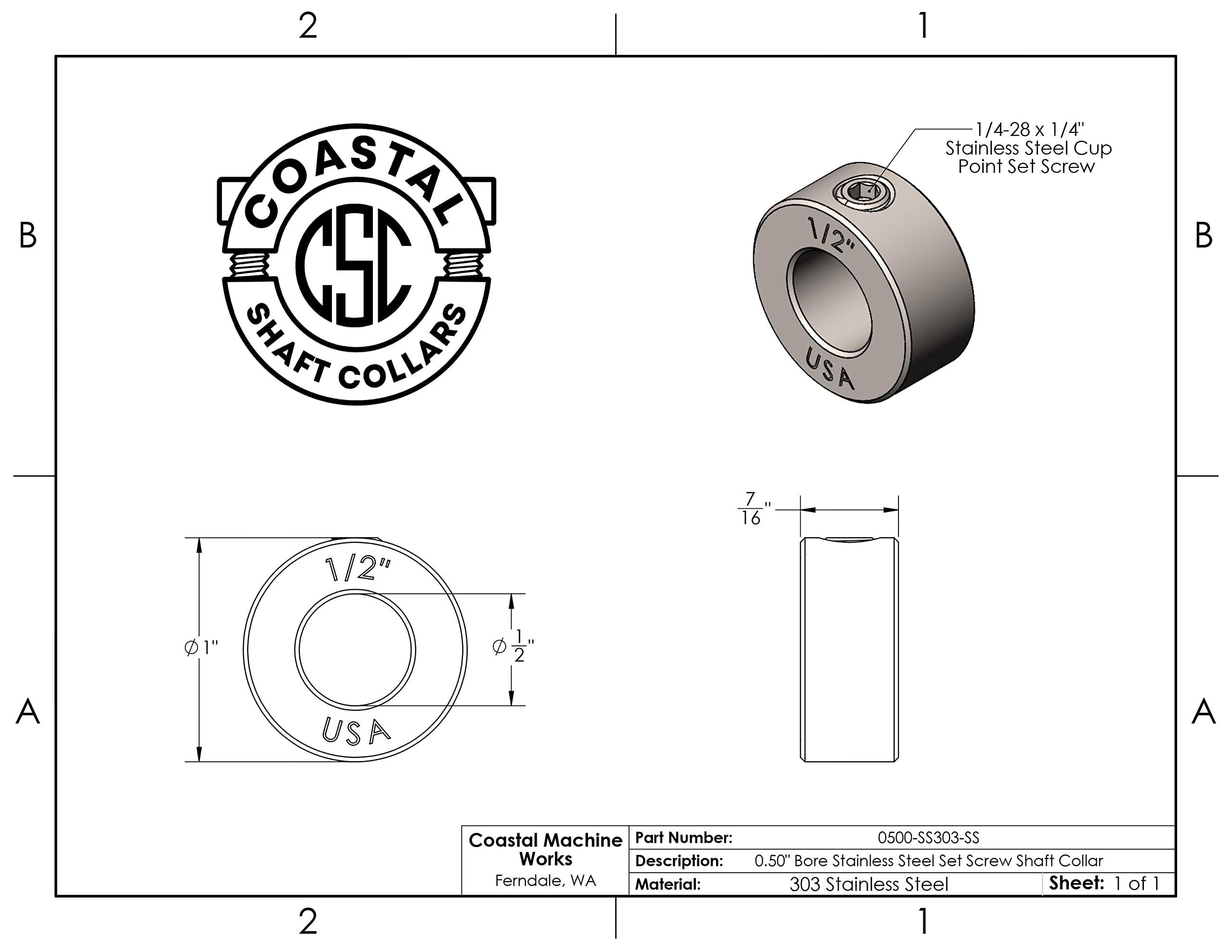 Diámetro del orificio de 1,3 cm - Collar de eje de tornillo - Acero inoxidable 303 (paquete de 2)