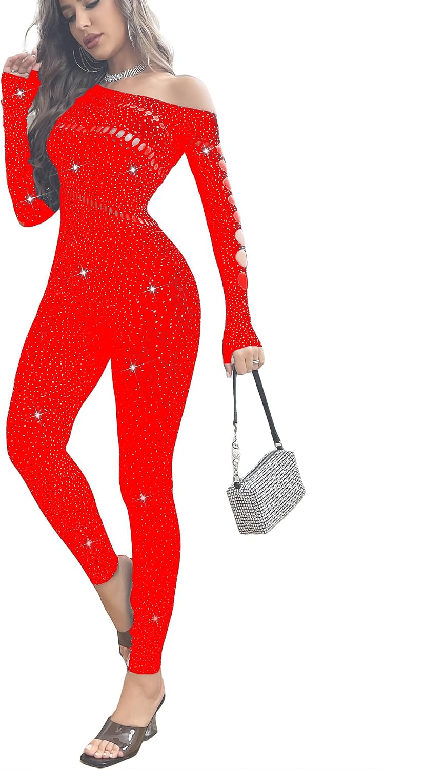 Women See Through Sparkle Jumpsuits Clubwear Sexy Off Shoulder Long Sleeve Hollow Rhinestone Mesh Bodysuit