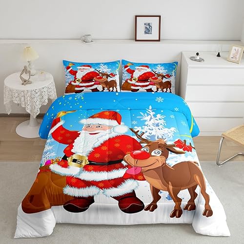 Erosebridal Juego de edredón de Feliz Navidad, juego de edredón de Papá Noel para habitación de niños y niñas, edredón acolchado de ciervos y alces
