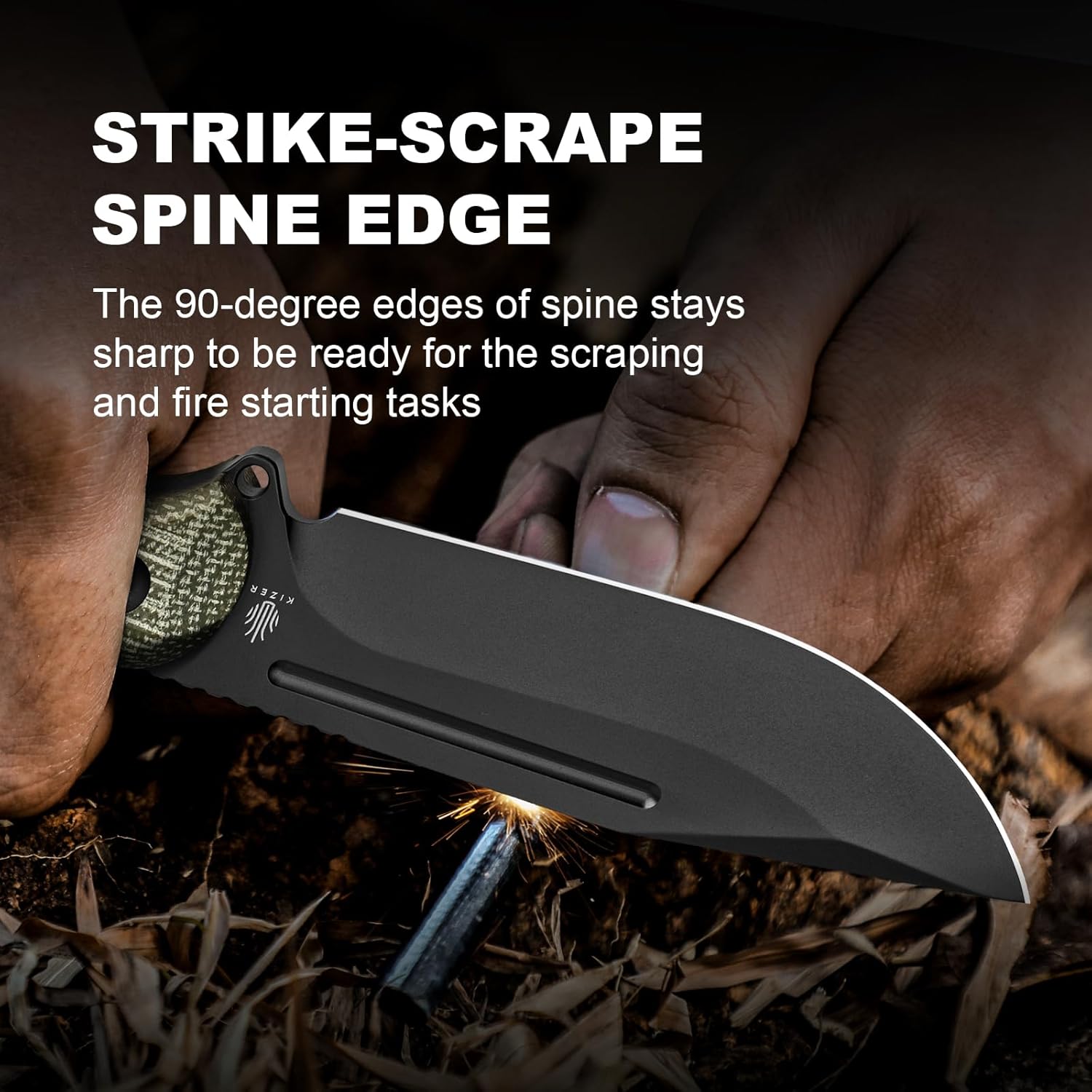 Kizer Ursa Major Fixed Blade Knife, 4.43" D2 Blade Hunting Survival Knives with Ergonomic Green Micarta Handle, Full Tang Camping Knives with Sheath & Hexagon Hole for Outdoor Activities, 1082M1 - Image 3