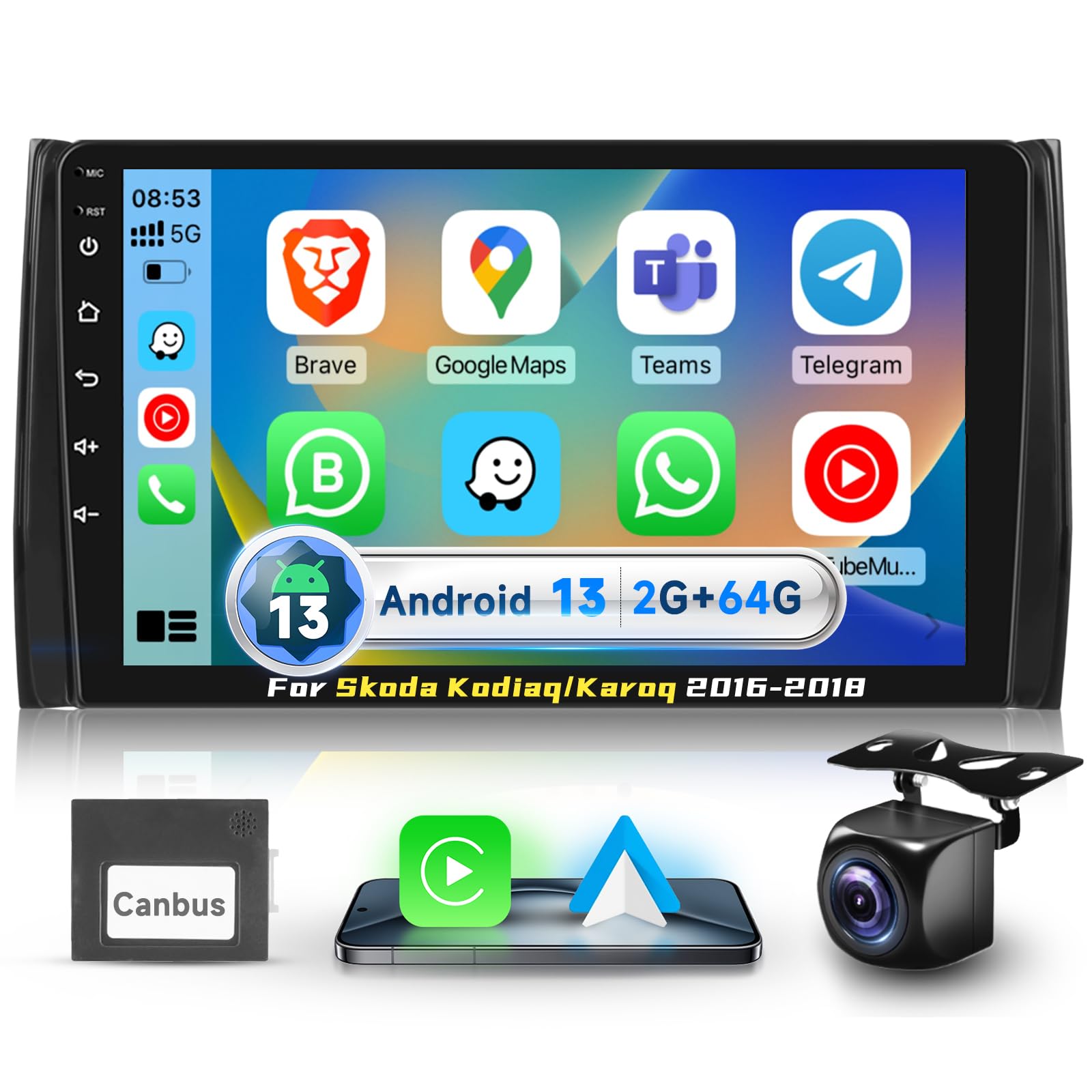 Autoradio 2G+64G pour Skoda Kodiaq/Karoq (2016-2018), Podofo Écran Tactile 10,1" Android 13.0 avec Carplay sans Fil, Android Auto, DSP, Bluetooth, GPS, Mirror Link, FM RDS, USB, Caméra de Recul