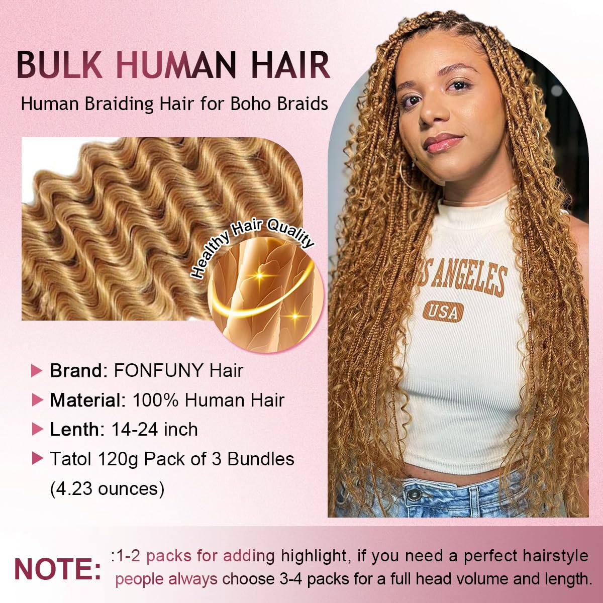 Human Braiding Hair for Boho Braids 120g Deep Wave Boho Bulk Human Hair for Braiding Knotless 12A Curly Wet and Wavy Bohemian Braids No Weft 3 Bundles/Pack Caramel Honey Blonde 20 Inch