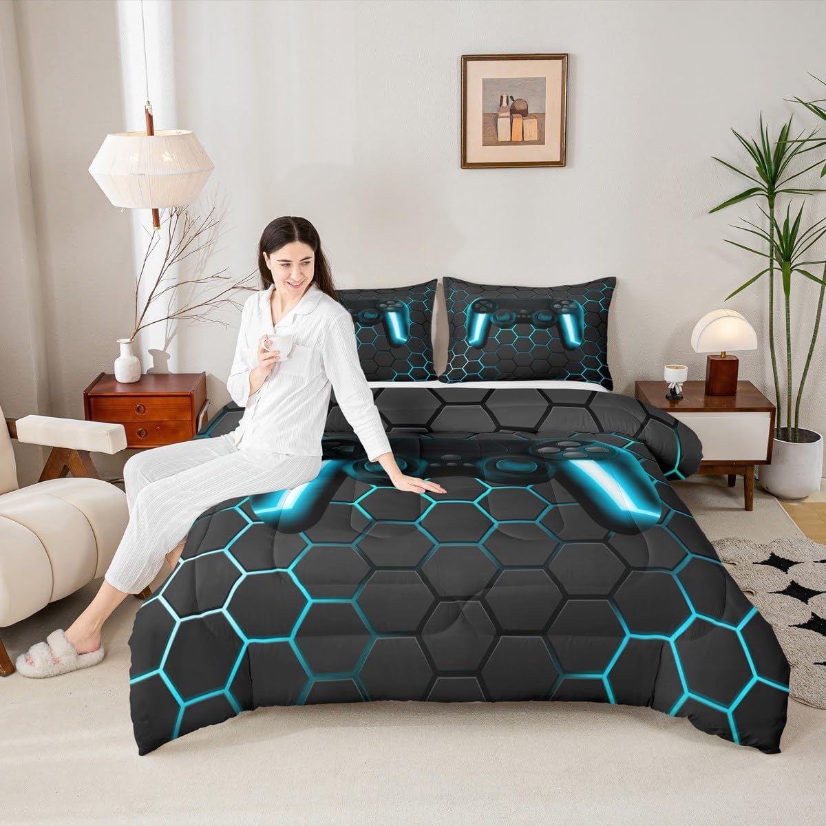 Queen Size Gaming Bedding Set for Boys & Teens - Kids Gamer Comforter Set,Neon Lights Gamepad Bedding with Hexagon Quilt & 2 Pillowcases, All-Season Soft Game Duvet Insert, Blue-Grey Gamer Room Decor image 2