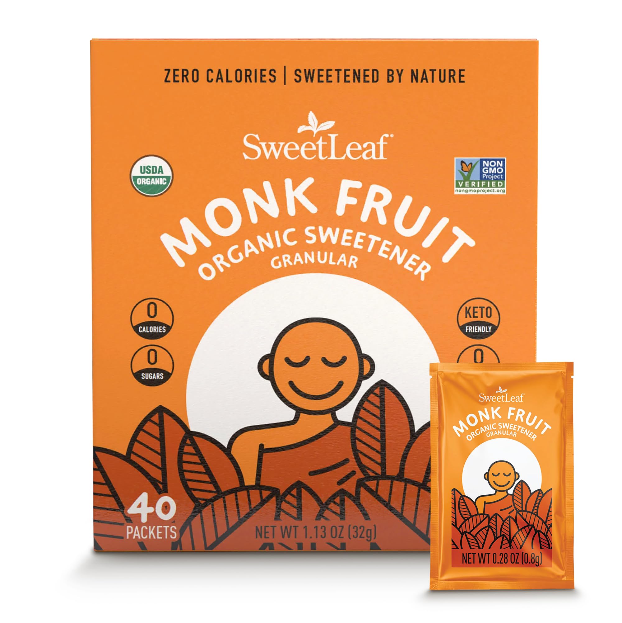 SweetLeaf Organic Monk Fruit Sweetener, Granular - Keto Friendly Natural Sugar Substitute for Coffee, Tea, and Baking, Zero Calorie, Organic Monk Fruit, Non GMO, Sugar Free - 40 Individual Packets