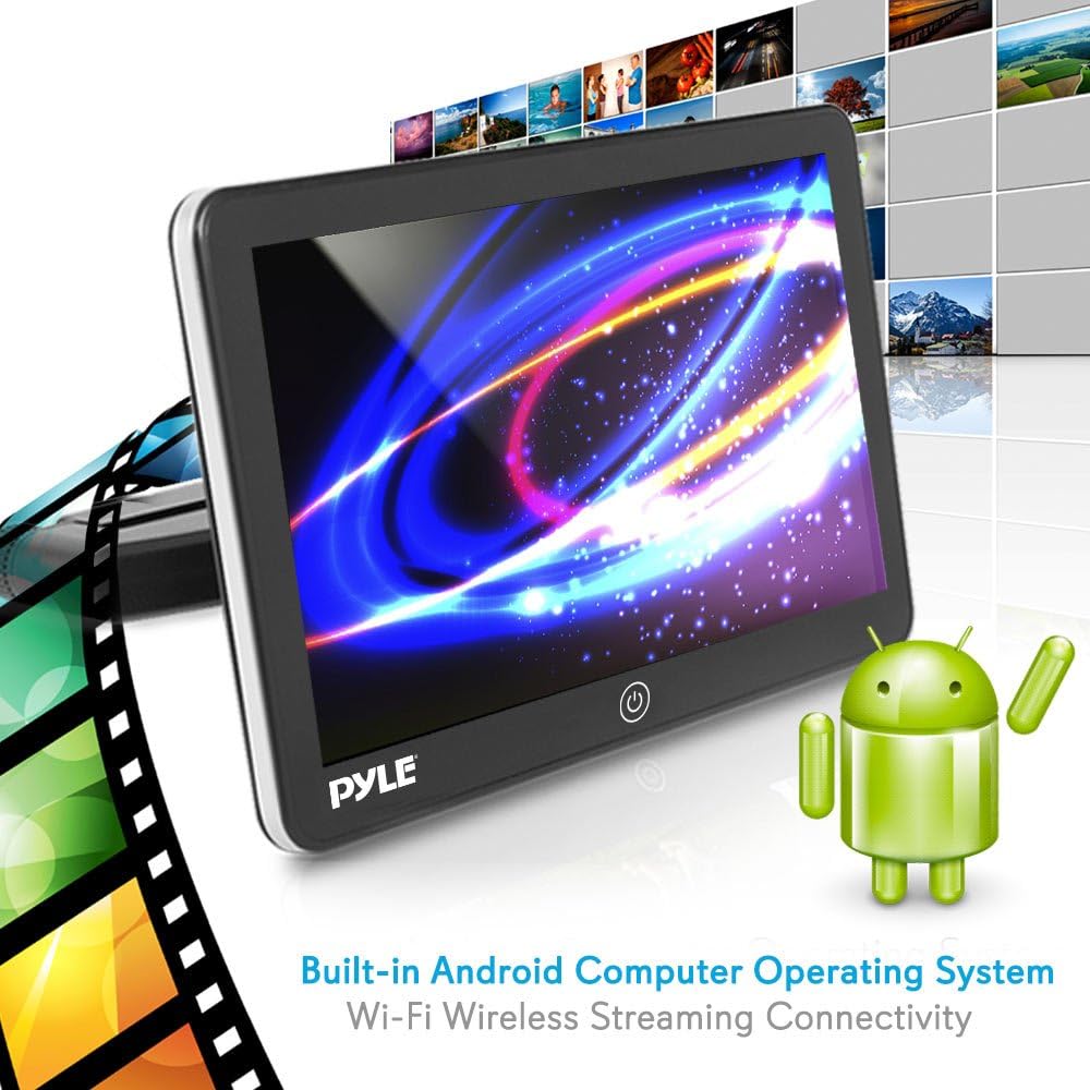 Android Car Monitor Headrest Touchscreen - Car Entertainment System - 10.5 Inch Dual Car Seat Mount Multimedia Player w/WiFi & Bluetooth - Mounting Bracket & Wireless Headphones - Pyle PLDANDHR1056KT