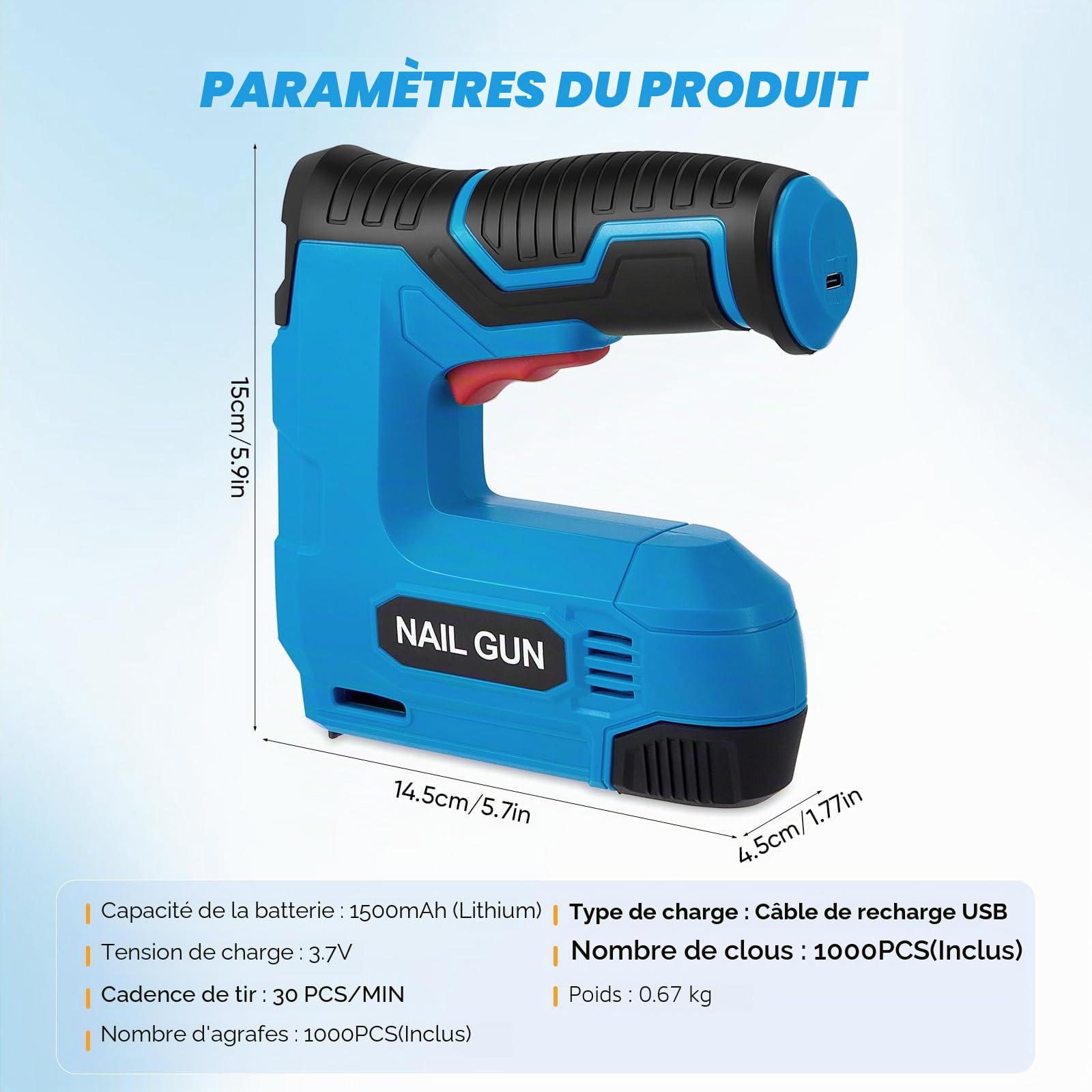 Agrafeuse électrique 2 en 1 lithium-ion, batterie 3,7 V avec agrafes et clous, chargeur USB, réparations de matériaux, menuiserie et bricolage
