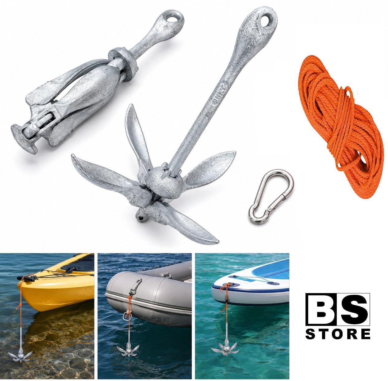 BSSTORE Kit de amarre listo para usar, ancla de paraguas de 2,5 kg para kayak y botes inflables, 30 m + mosquetón, ancla plegable para barco, SUP, canoa y Tender