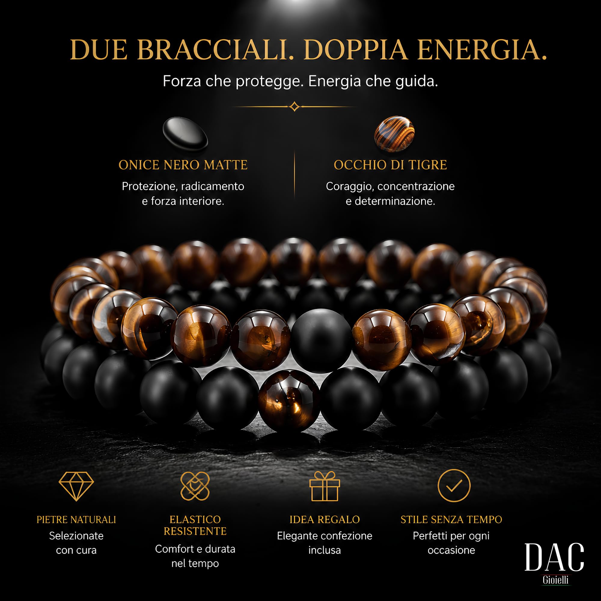 DAC Bracciale Uomo 2 pezzi Con Pietre Naturali Braccialetto Scatola Regalo Fidanzato Donna Chakra con Vere Pietre Naturali Tibetano Yoga Gioielli