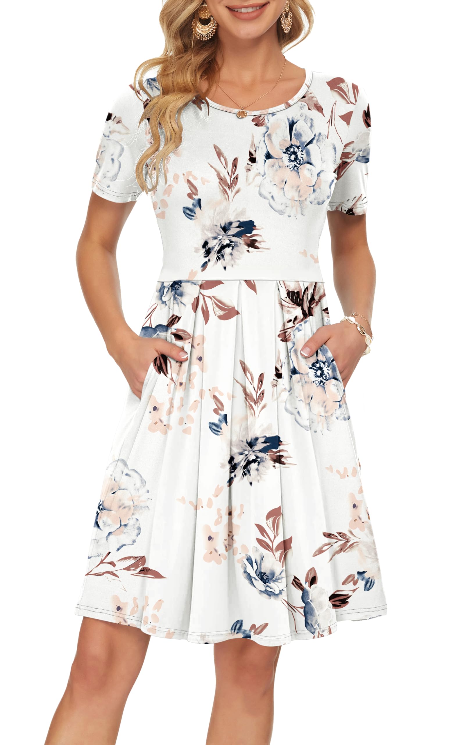 AUSELILY Women's Short Sleeve Summer Dress Pleated Loose Swing Knee Length Dresses with Pockets 2026 New Large Floral White