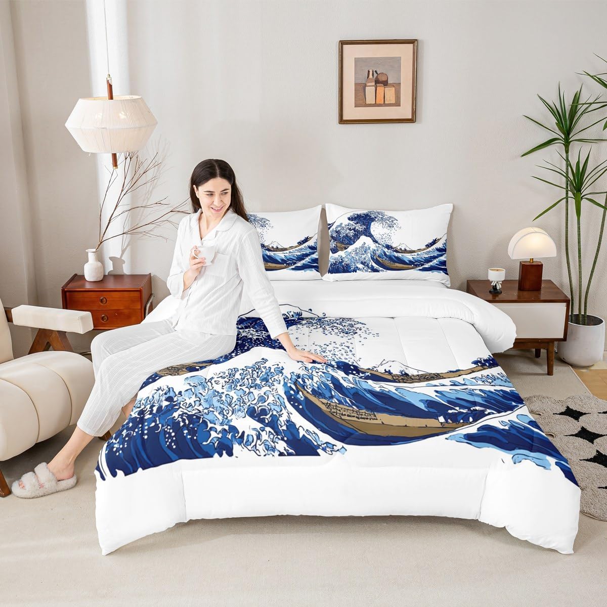 Feelyou Japanese Hokusai Comforter Set Kids Exotic Ocean Wave Comforter for Boys Girls Bedding Set Traditional Fuji Mountain Duvet Set Room Decor Quilt Twin Size Boys