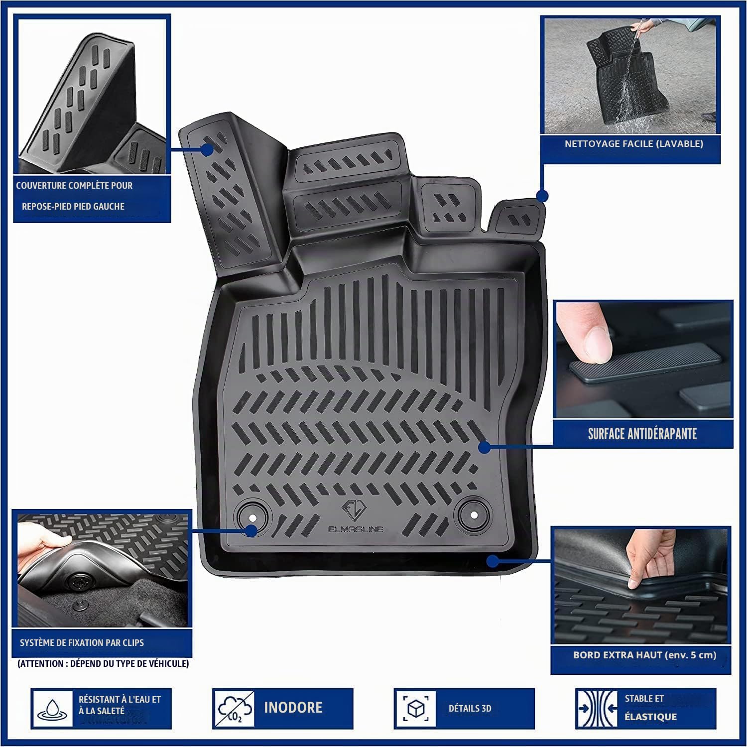Elmasline Kit de Tapis Design en Caoutchouc et Tapis de Coffre pour VW T-ROC à partir de 2017 Plancher de Chargement supérieur Ne rentre Pas en Cabriolet !! | Tapis de Voiture et Bac de Coffre
