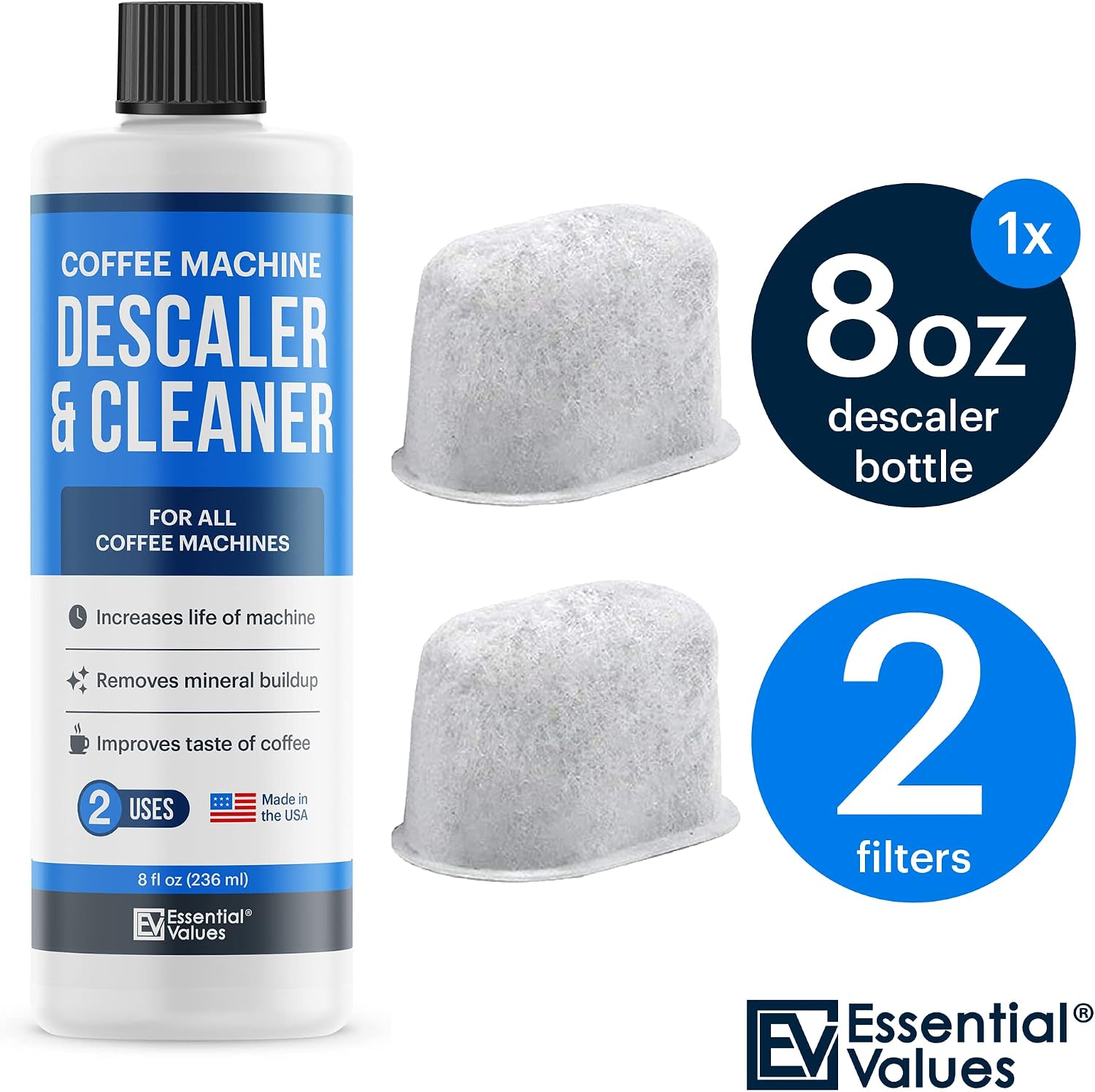 Essential Values Universal Descaling Solution | Bonus Two Filters, (2 Uses / 8 Fl Oz), Designed For Keurig, Nespresso, Delonghi and All Single Use Coffee and Espresso Machines - Proudly Made in USA