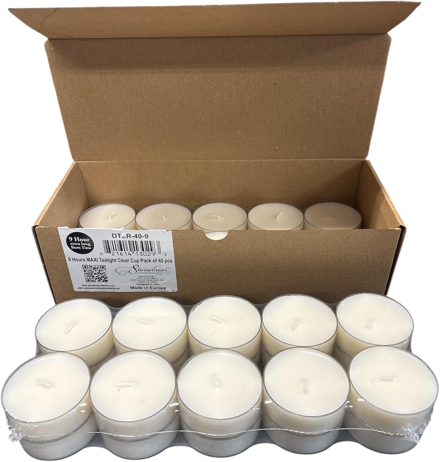 Stonebriar 40 Pack Unscented Mega Oversized Clear Cup Tea Light Candles with 9 Hour Extended Burn Time