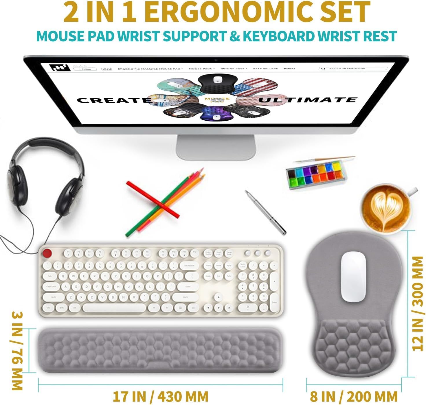 hokafenle 2 in 1 ergonomic mouse pad wrist support & wrist rest for computer keyboard set, with relieve carpal tunnel pain massage bulge and full memory gel design (2in1 set,neutral gray light purple) hk003-neutral gray light purple