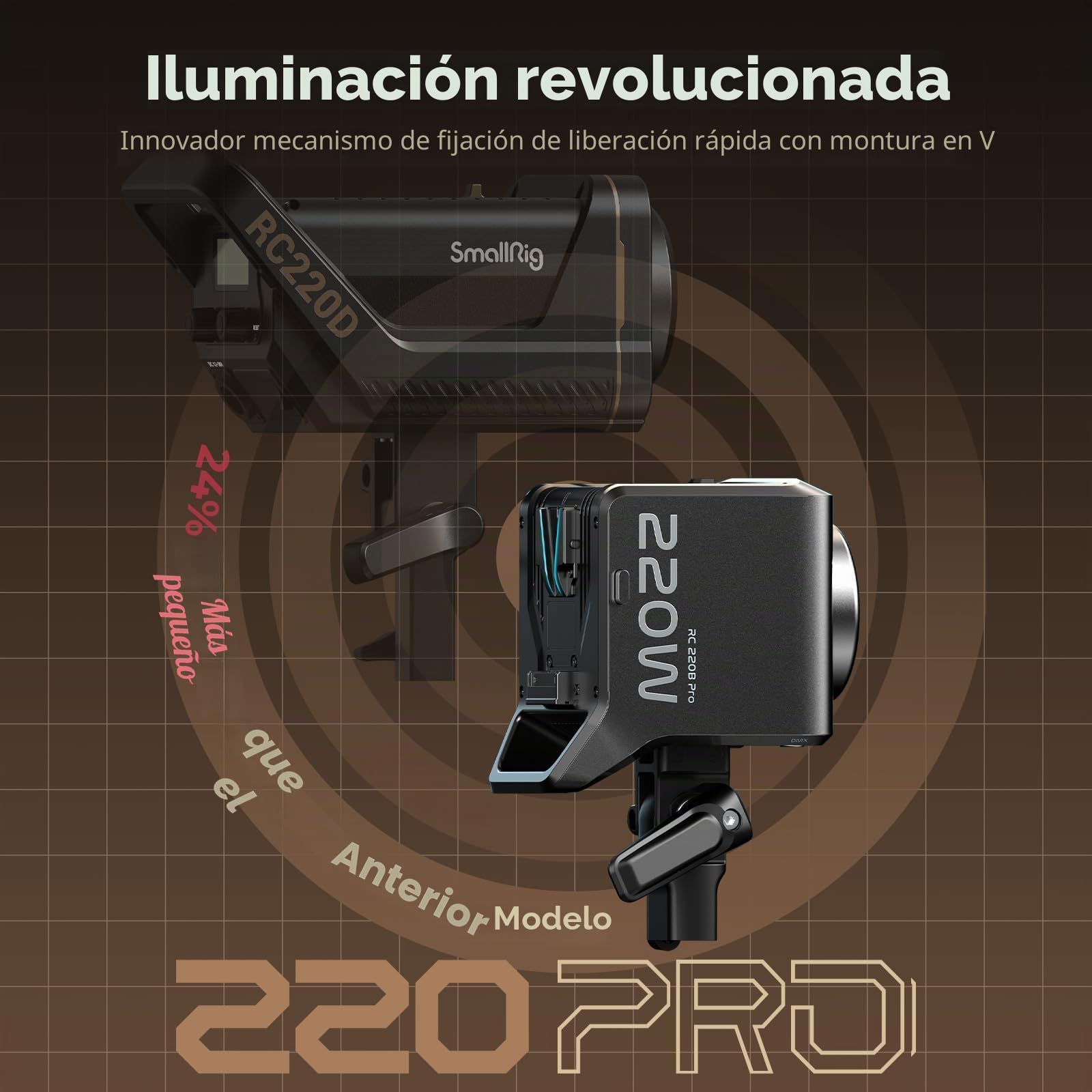 SMALLRIG RC 220B Pro Luz de Video COB de 220 W, Luz de Video Bicolor de 2700 K a 6500 K, Luz con Montura Bowens CRI 95+, Compatible con 3 Métodos de Suministro de Energía - 4621