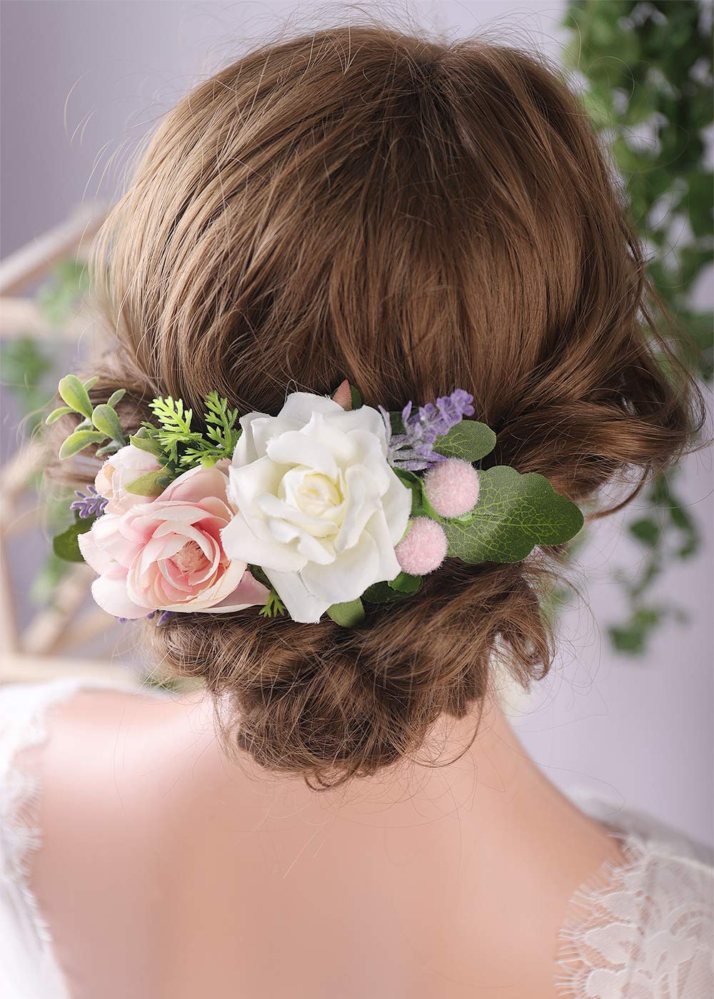 Anglacesmade Bridal Flower Hair Comb Blush Cream Rose Purple Lavender Floral Back Comb Bush Headpiece for Rustic Wedding Photo Shoot Prom Party Festival