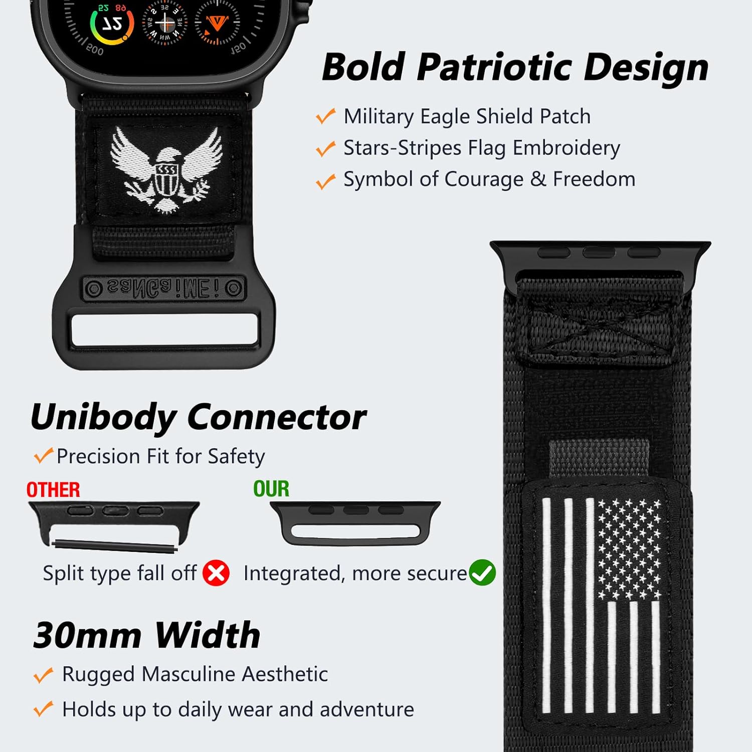 SaNgaiMEi Nylon Sport Band Compatible with Apple Watch Bands Ultra 3/2/1 49mm 46mm 45mm 44mm 42mm, Men Soft Rugged Stars-Stripes Flag Strap for iWatch Series 11/10/9/8/7/6/5/4/3/SE/SE2/SE3 - Image 3