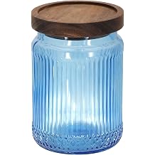 1Pc Vertical stripes Vintage Glass Candy Jar with Solid Wood Lid, Kitchen Storage Canister for Sugar, Coffee, Tea, Cookies, Bath Salt - Decorative Mason Jar for Pantry & Counter 1, Blue, 24oz