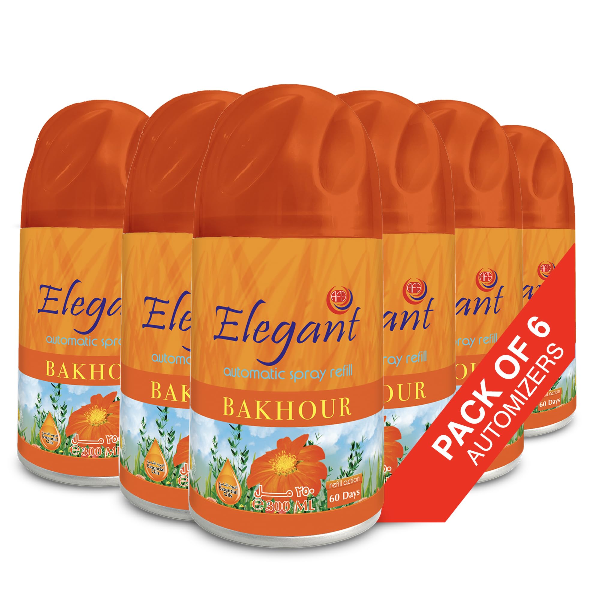 Elegant Automatic Spray REFILL – Bakhour – 300ML – Pack of 6, 6-Pack (300ML x 6 Pcs) – Air Freshener REFILL for Home And Bathroom, Made With ESSENTIAL OILS