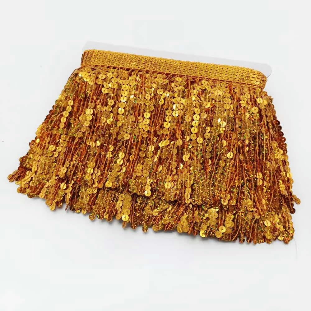 En gros 10 Yards Sequin Or Dentelle Frange Garniture Gland Frange Coupe Pour DIY Scène Vêtements Accessoires Dentelle Ruban Rideau DIY-10 Yards-Or