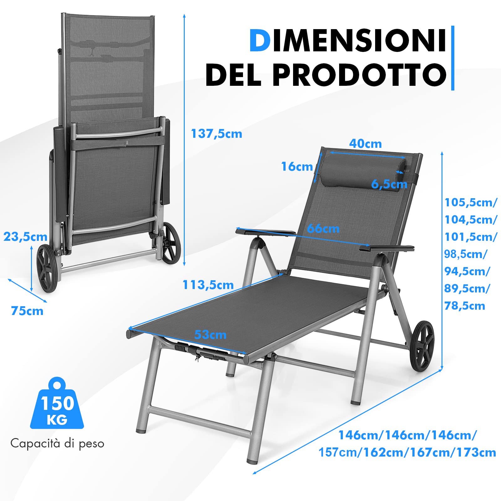 COSTWAY Lettino Prendisole Pieghevole in Alluminio su Ruote, 150 kg | Sedia da Giardino Schienale 7 livelli con Braccioli e Poggiatesta Rimovibile, Tessuto Traspirante per Piscina e Cortile