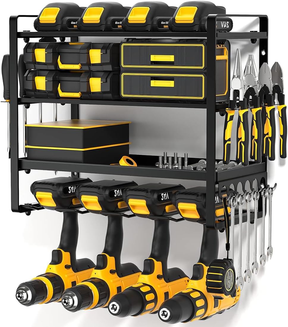 SYAMEET 4-Tier Power Tool Organizer with Side Hooks, Wall Mount Drill Holder - Perfect for 4 Drills, 42x20x35cm, Space-Saving Design for Garage and Workshop，Utility Storage Rack,Cordless Drill