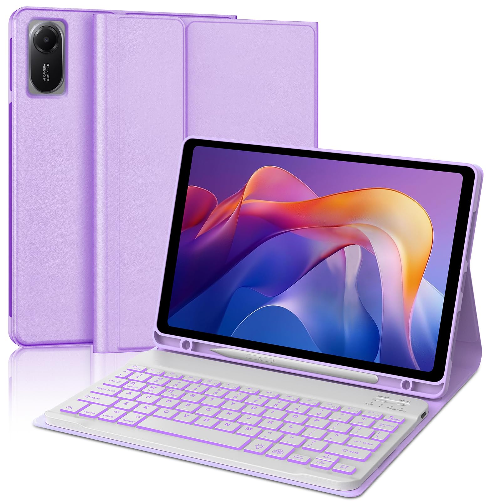 Keyboard Case for Xiaomi Redmi Pad 2 11 Inch 2025 & Redmi Pad SE 11 Inch 2023 Case with Backlit Keypad, Detachable Wireless Keyboard Cover with Colors Backlight, Pen Holder, Long Battery Life, Purple Purple, Backlit