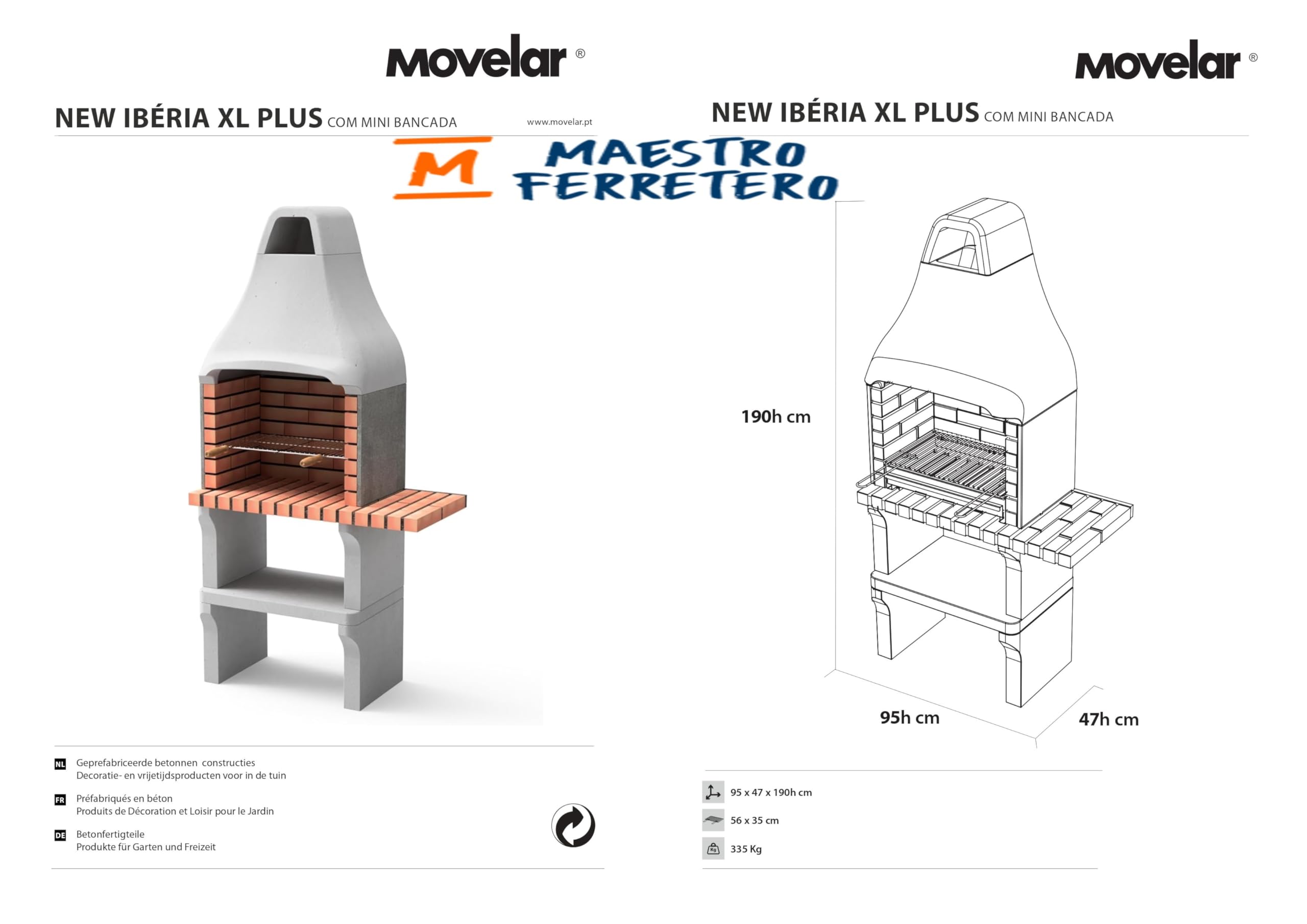 MOVELAR - Barbacoa de Obra Prefabricada de Leña y Carbón Modelo New Iberia Plus con Mini Soporte Lateral (Gris, Naranja - 95 x 47 x 190 cm) REF: M00195 - Cocina de Exterior para Jardín o Patio