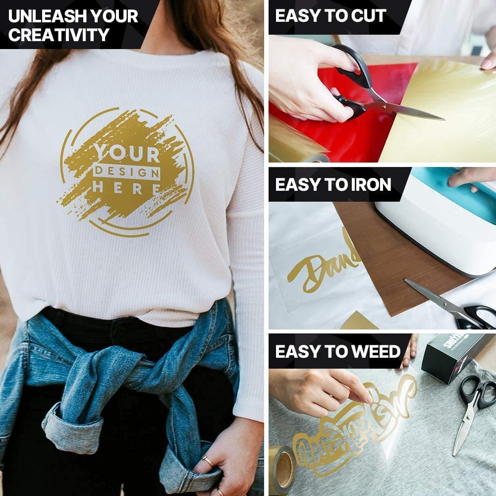 HIKENRI Vinile Termoadesivo per Tessuti 30.5×305CM,Pellicola per Plotter in Vinile a Trasferimento Termico,Facile da Tagliare e Eliminare,Vinile Permanente per T-Shirt oro