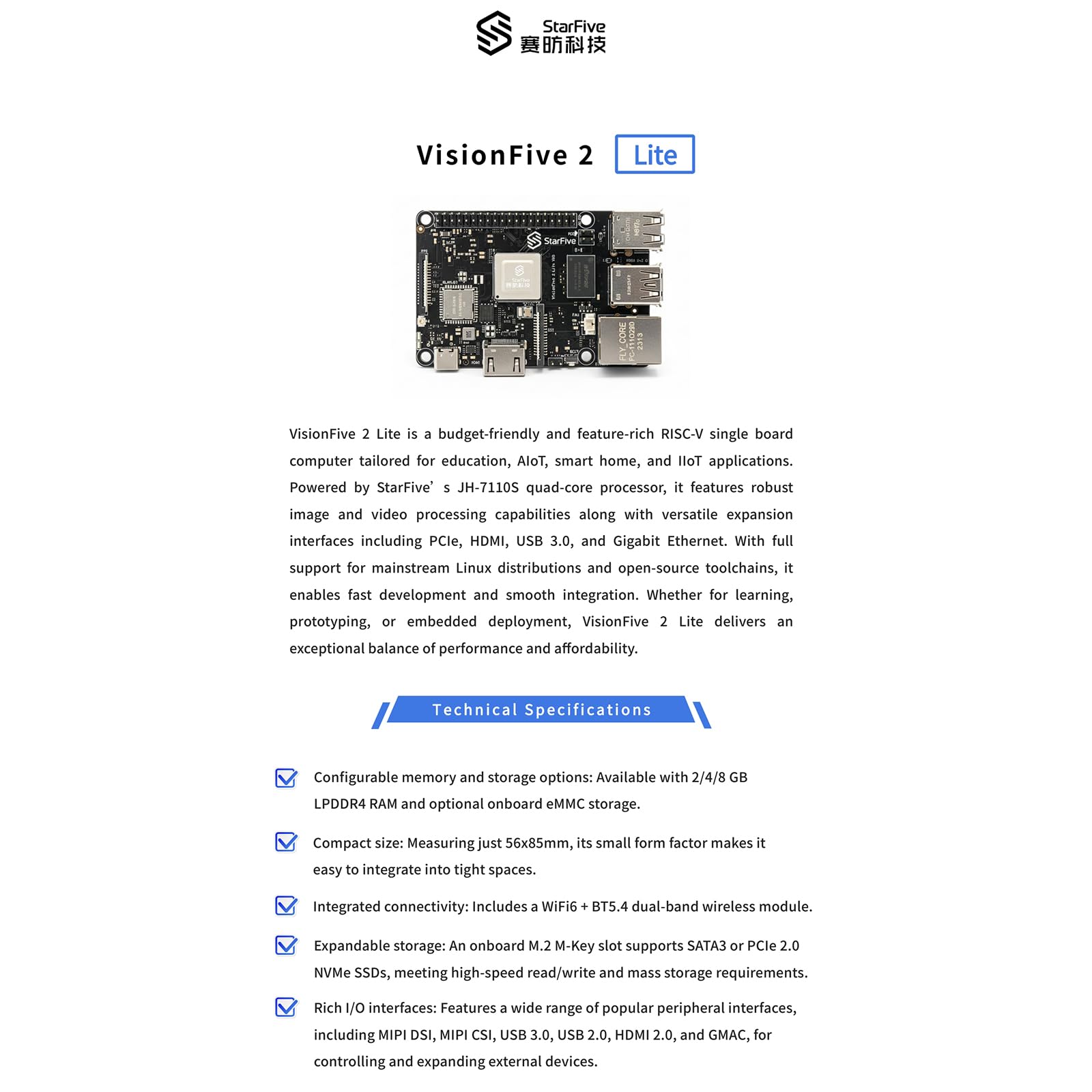 StarFive VisionFive 2 Lite, 4 núcleos RISC-V Dev, 2 GB de RAM, 4K HDMI, PCIe 2.0, Wi-Fi 6/BT5.4, Gigabit Ethernet, GPIO de 40 pines, Linux SBC de bajo costo para IoT/Edge (4 GB con WiFi, solo tablero)