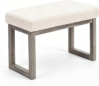 White Sherpa Ottoman Bench 27" Wide, Upholstered Foostool with Solid Wood Legs for Living Room, Bedroom & Hallway, CangLong