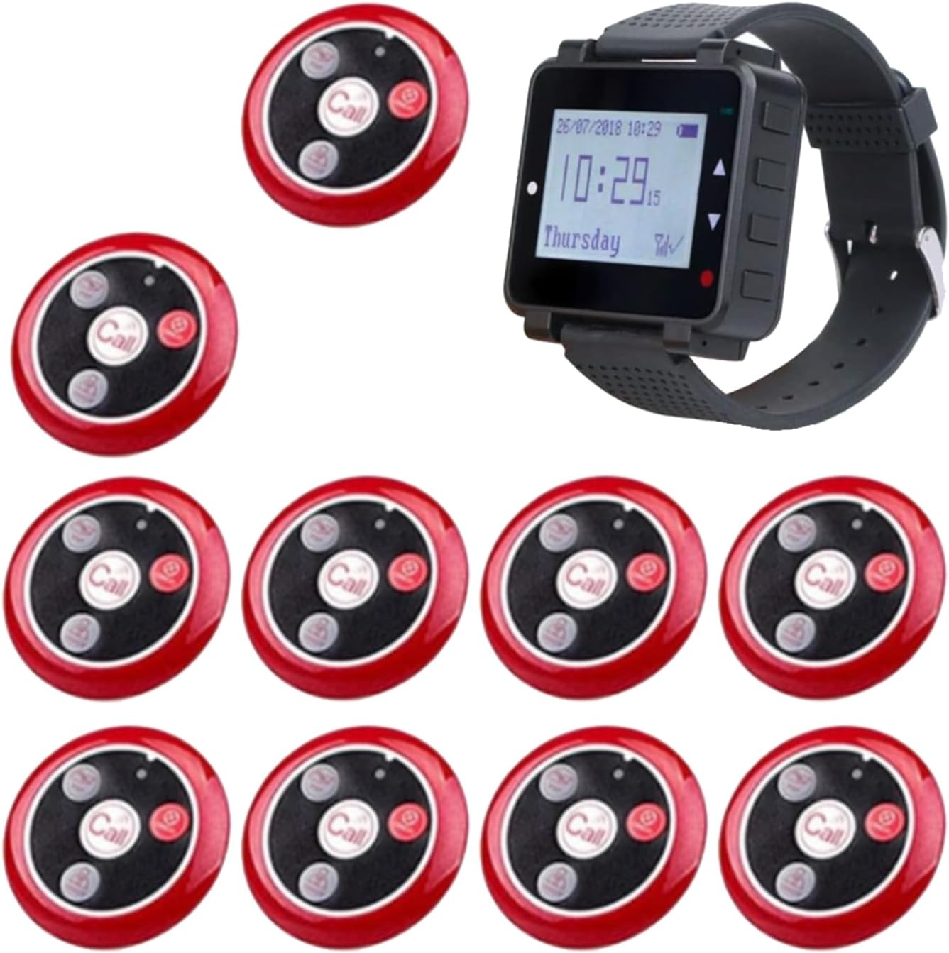 Retekess T128-T117 Waiter Calling System, Restaurant Table Call System, IP54 Waterproof, 80m Calling Distance,1 Watch Receiver and 10 Customer Call Button for Opticians, Restaurant, Hotel