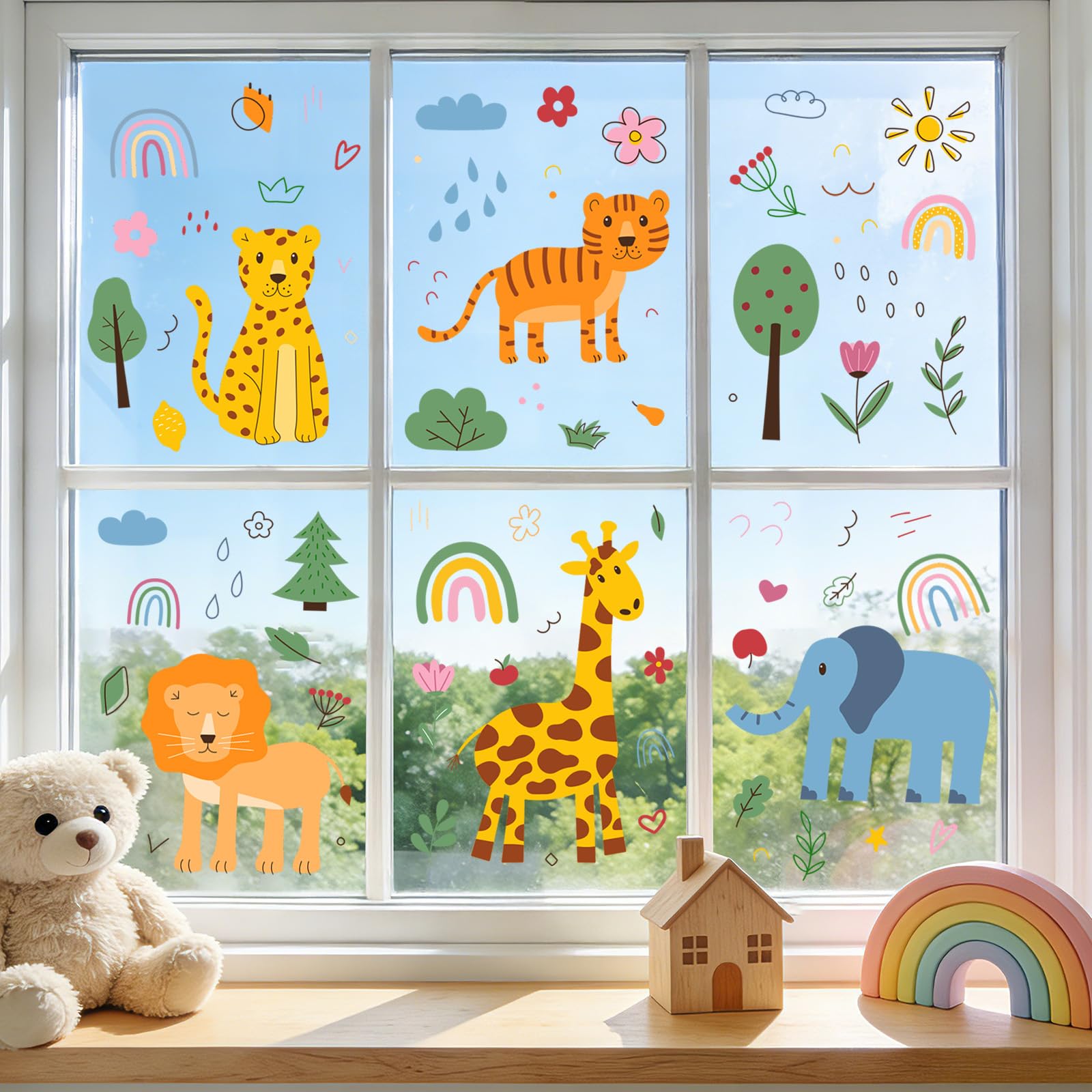 Walluree Window Stickers for Kids Cartoon Jungle Animal Glass Clings Decals