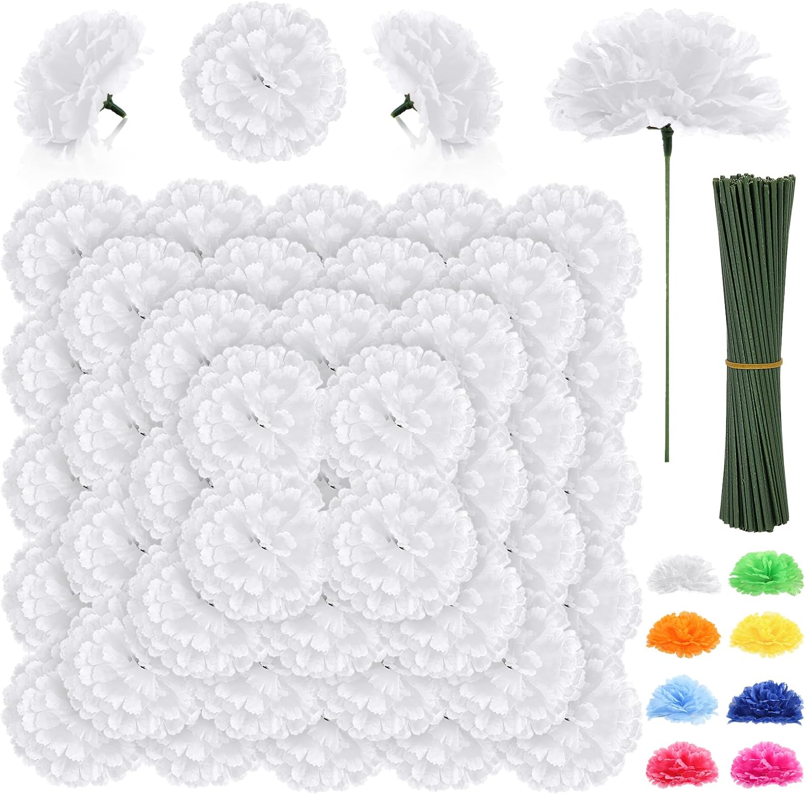 LELEE 108pcs Carnation Head Flowers with Stem, White Artificial Carnations Flowers Bulk, White Silk Carnation Fake Flower for Wedding Bouquet Table Centerpieces Funeral Cemetery Gravesite Decor