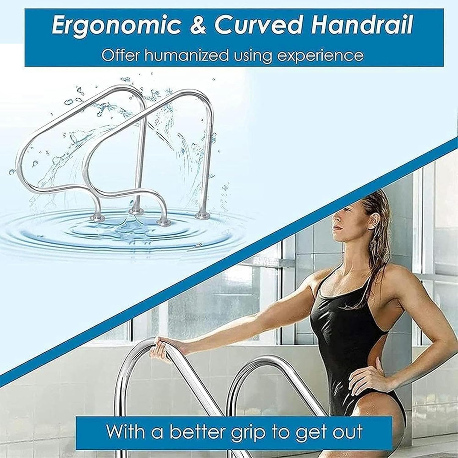 PooHand Rail, Pasamanos De Fácil Montaje 304 Stainless Steel Swimming Pool Handrails, 3-Bends Safety Rails for Inground Pools Entrances~/