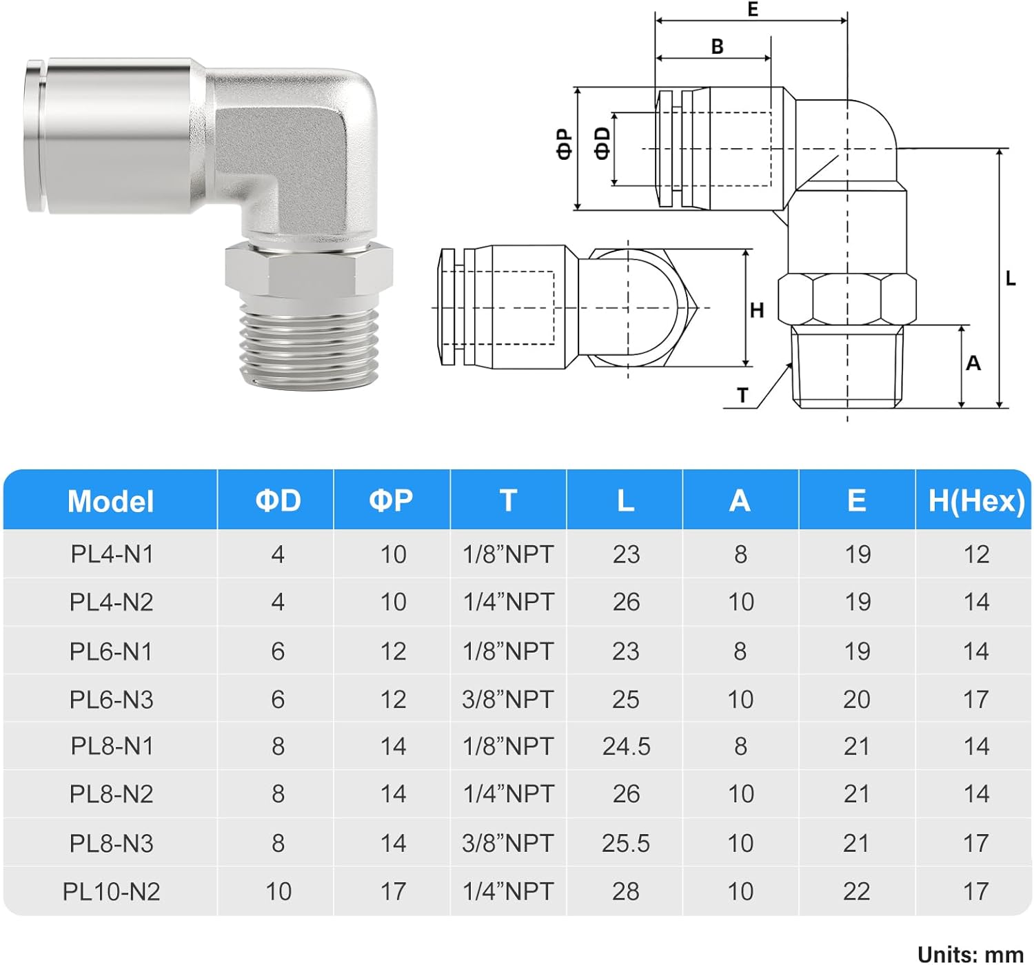 TAILONZ PNEUMATIC 304 Stainless Steel Male Elbow 10MM Tube OD x 1/4 Inch NPT Thread Push to Connect Fittings PL10-N2 (Pack of 5)