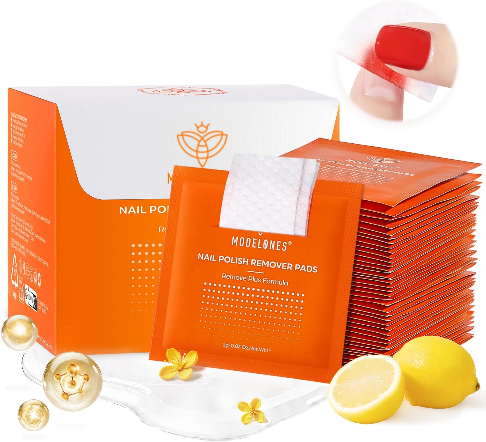 Modelones Nail Polish Remover Pads, Acetone Nail Polish Remover Wipes 50 PCS Professional Individually Wrapped Wet Wipes Easily & Quickly Lemon Smell Glycerin Moisturizing Big Size Portable