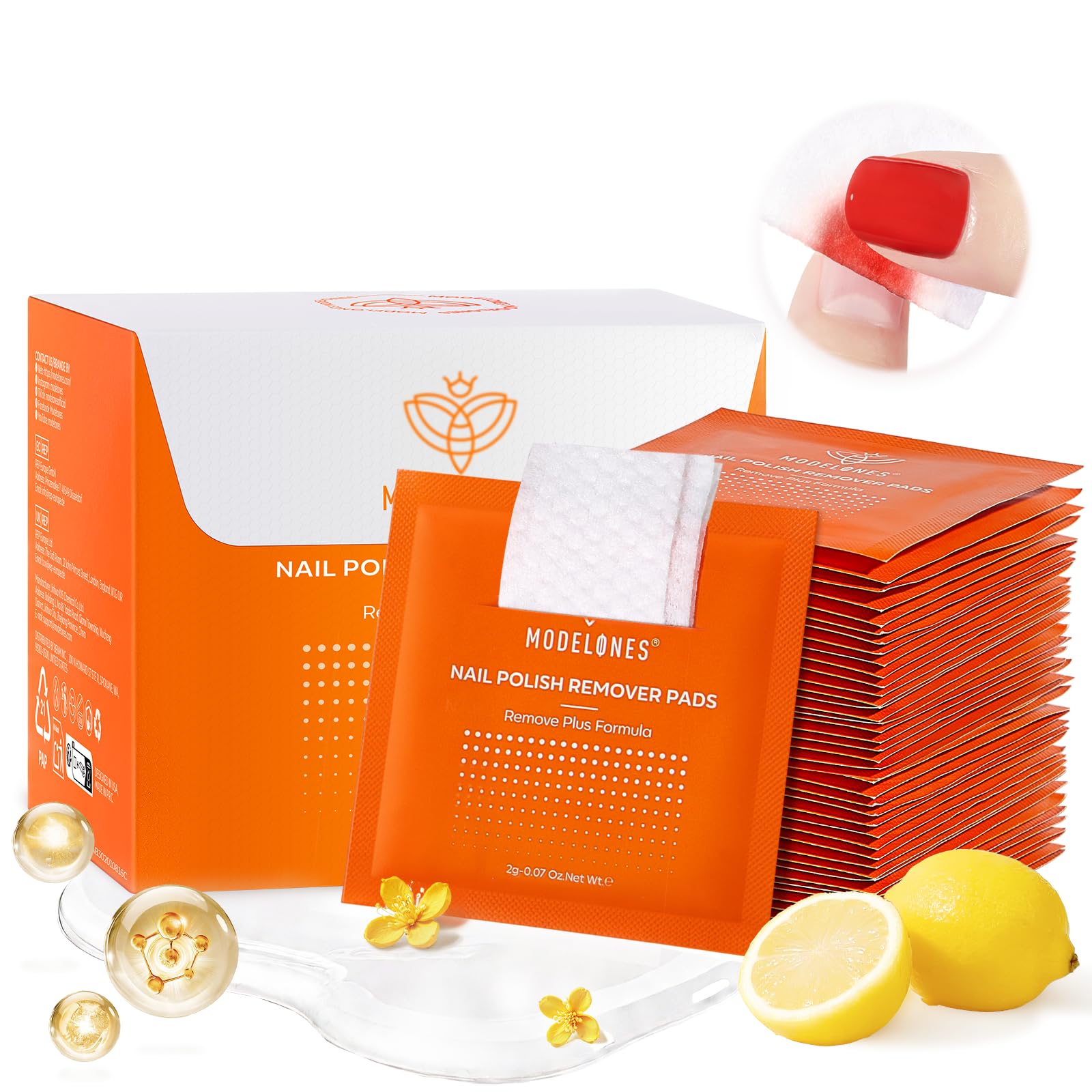 Modelones Nail Polish Remover Pads, Acetone Nail Polish Remover Wipes 50 PCS Professional Individually Wrapped Wet Wipes Easily & Quickly Lemon Smell Glycerin Moisturizing Big Size Portable