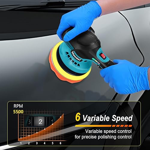 Miniatura 6 de Pulidora inalámbrica para automóvil, doble acción para detalles de automóviles con 2 baterías recargables de 12 V, 6 velocidades variables y 18