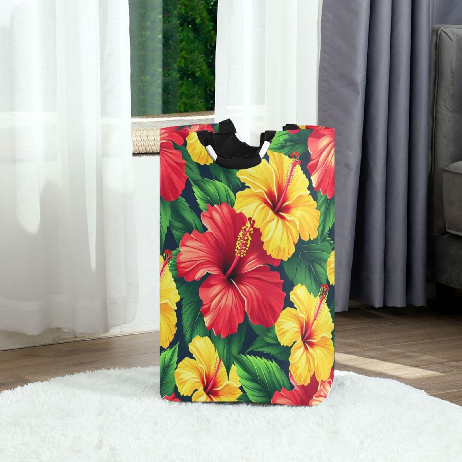 Jihqo Laundry Hamper Basket Red and Yellow Hibiscus Floral Collapsible Nursery Storage Bin Waterproof Clothing Baskets for Home Bedroom Bathroom Washing Room