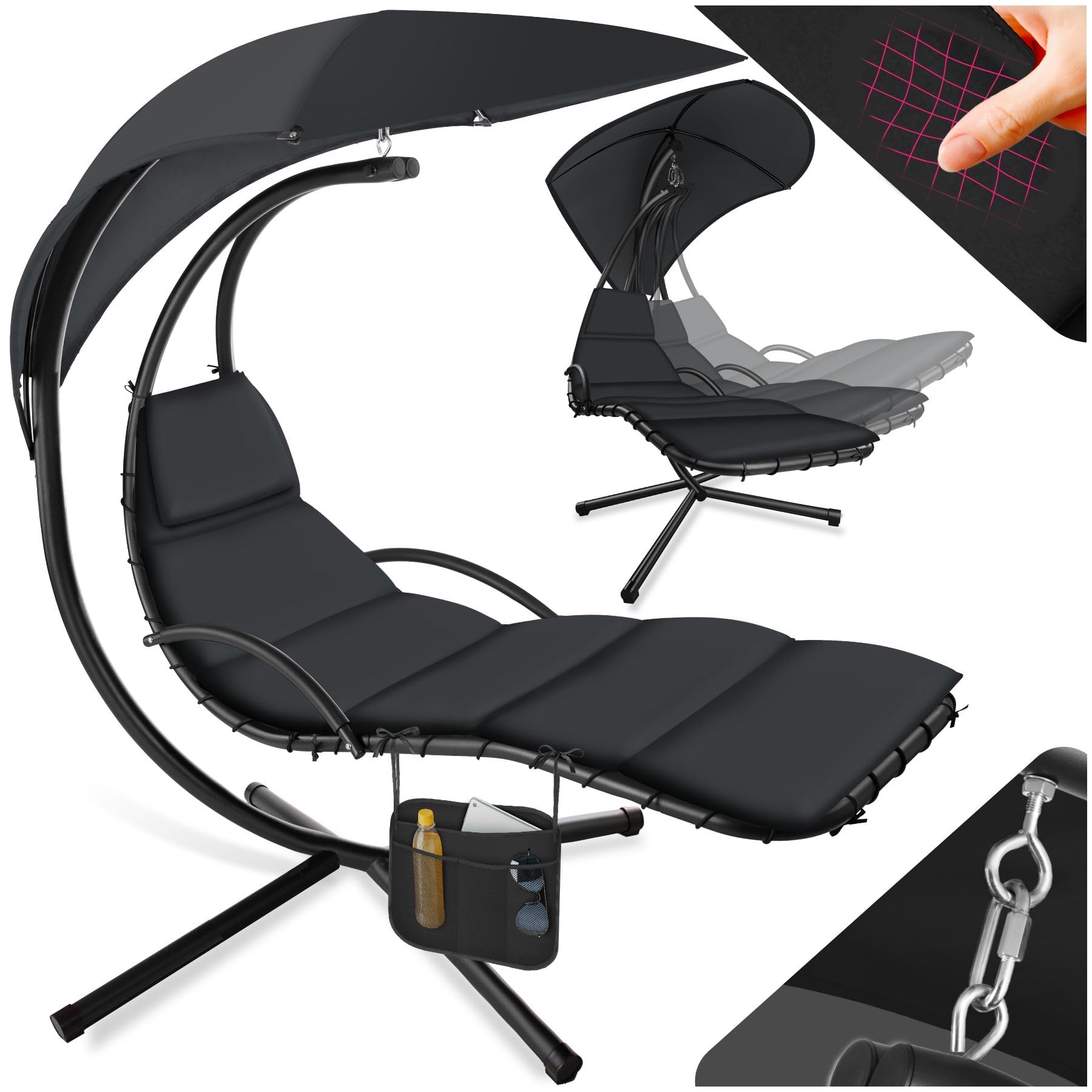tectake® Columpio Jardín Exterior, Silla Colgante con Toldo Protección UV, Sillón Balancín con Estructura Robusta y 4 Pies, Hamaca Colgante Interior y Exterior, Ergonómica - Negro/Negro